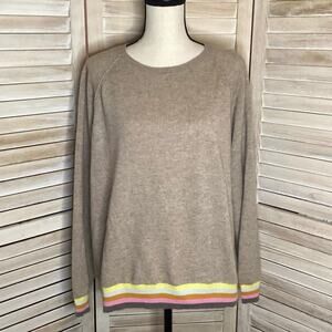 Jumper1234 Heather Oatmeal Beige Striped Trim 100% Cashmere Sweater 3 L